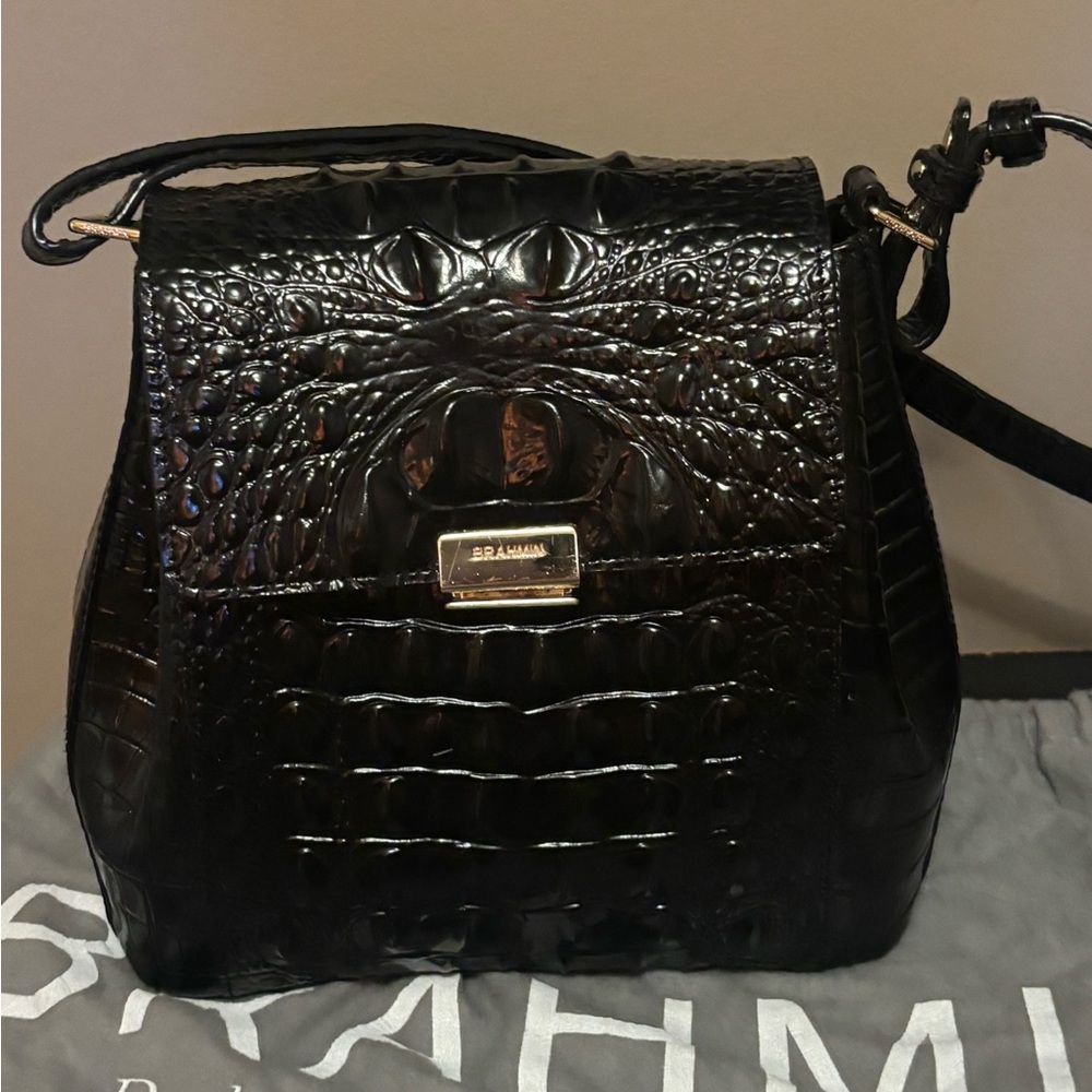 Brahmin Shiny Black Croc-Embossed Shoulder Bag with Gold-Tone Hardware